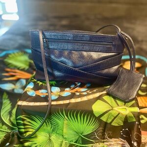 Vintage‎ Women’s Navy Blue Leather Snakeskin Print Crossbody Clutch Purse